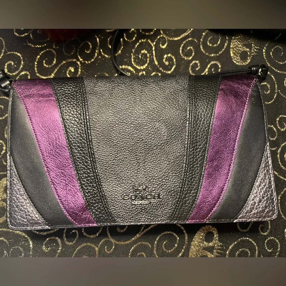COACH Anna Purple & Black Color block Leather Crossbody Handbag Clutch